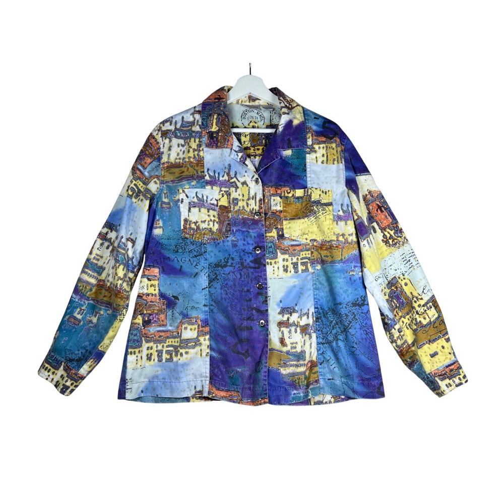 Chicos Womens Size 2 Artistic Cityscape Print Button Front Shirt Multicolor L